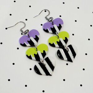 Black and White Striped Beetlejuice Inspired Earrings Stainless Steel Hooks NEW